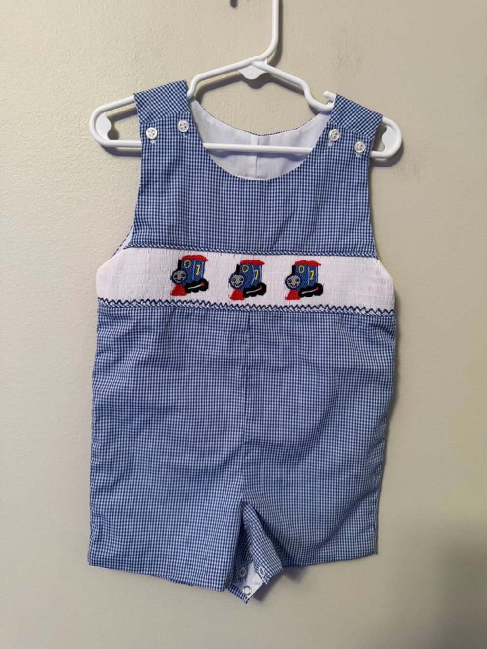 Smocked Auctions Blue Gingham Smocked Thomas the Tank Engine Jon Jon